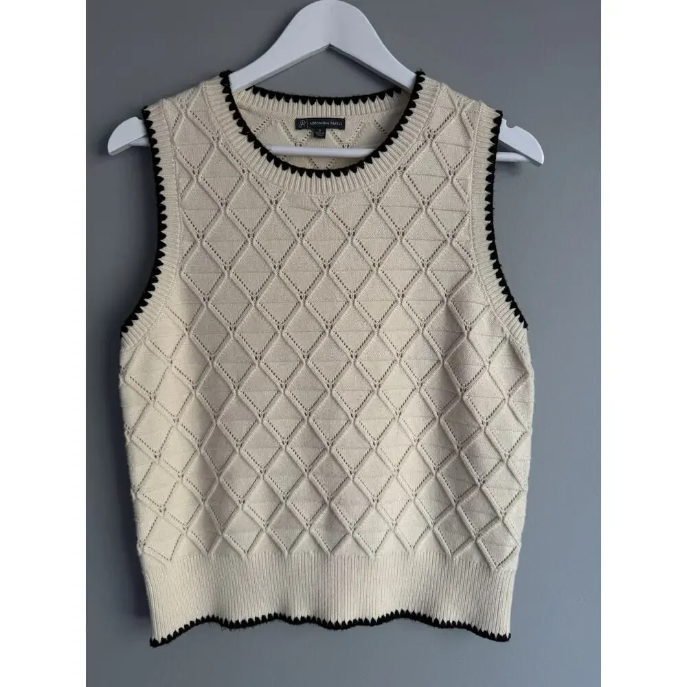 Adrianna Papell Vest Cream Black Trim Diamond Knit Size S Old Money Preppy